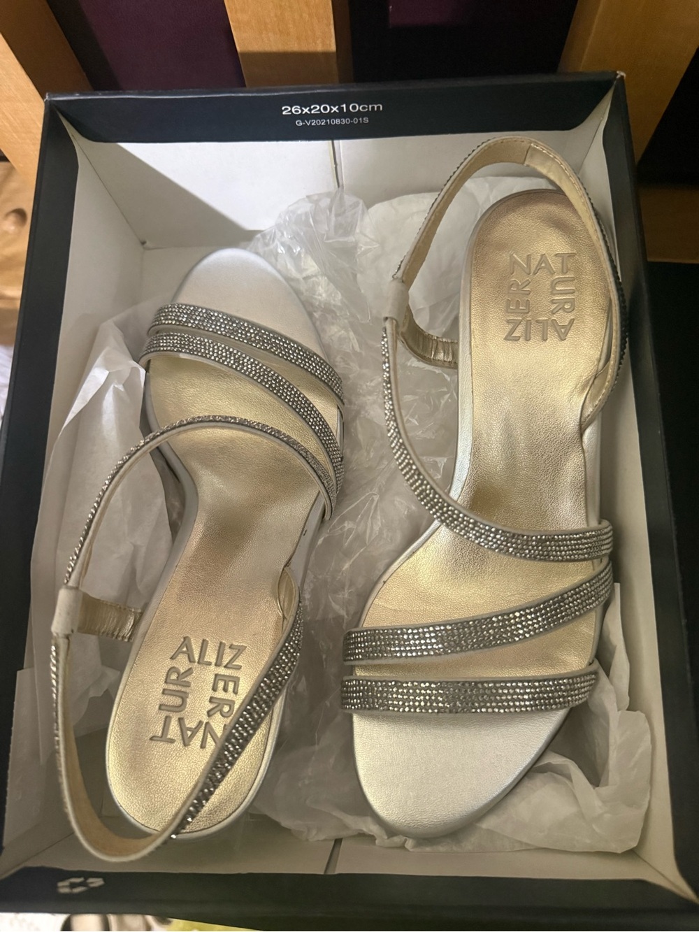 Naturalizer Gold Metallic Slingback Sandals with Rhinestone Straps
